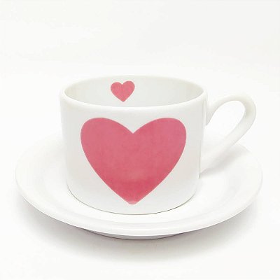 Xícara de Chá com Pires Coração Rosa