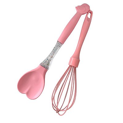 Kit de 02 Utensílios Batedor e Espátula de Silicone Passarinho Rosa