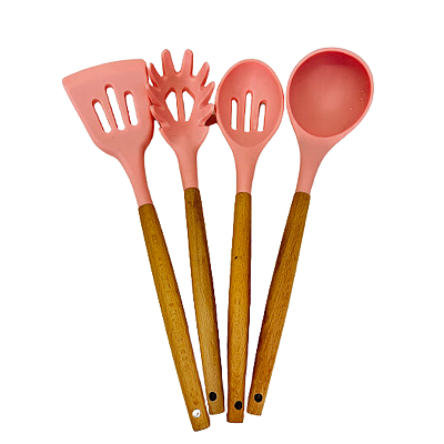 Kit Utensílios 4 Peças de Silicone Rosa Com Cabo de Bambu