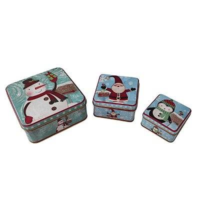 Trio Latas Decorativas Quadrada Boneco de Neve