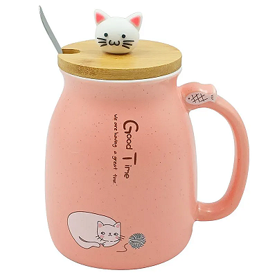 Caneca Gatinho Rosa com Tampa