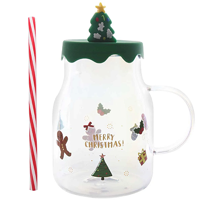 Caneca de Vidro Natal Verde com Tampa de Silicone