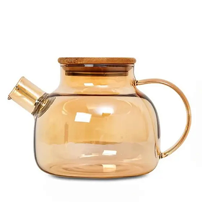 Chaleira de Vidro Âmbar com Tampa de Bambu e Coador no Bico 1000 ml