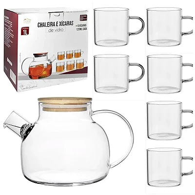 Kit Chaleira de Vidro Stanford com Tampa de Bambu e Coador no Bico 1000 ml e Xícaras