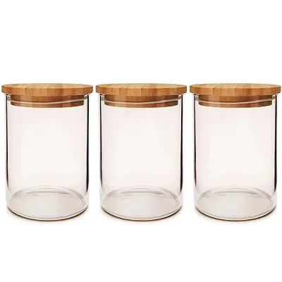 Kit 3 Potes de Vidro Hermético com Tampa de Bambu Redondo - 300 Ml