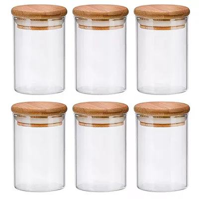 Kit 6 Potes de Vidros Hermético com Tampa de Bambu Redondo - 300 Ml