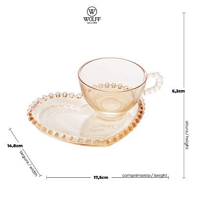 Xícara de Cristal de Chumbo Para Chá Com Prato de Coração Bolinhas Âmbar - 180 ml