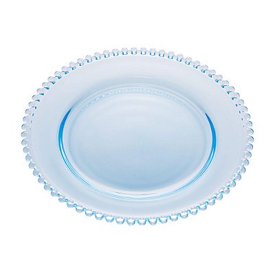 Prato de Vidro para Sobremesa com Borda de Bolinha Pearl Azul Claro 20 cm