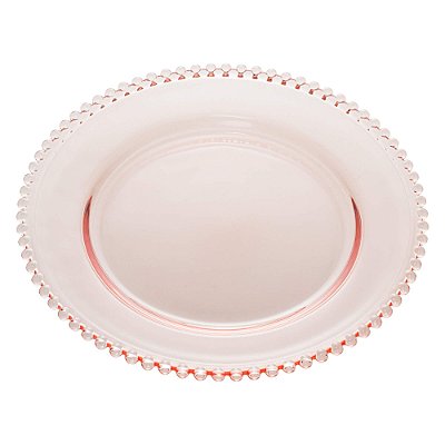 Prato de Vidro para Jantar com Borda de Bolinha Pearl Rosa 28 cm