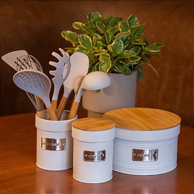 Conjunto de 03 Latas Mantimentos e Porta Utensílios Matte Branco - Yoi