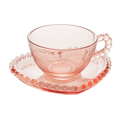 Xícara de Cristal de Chumbo Para Chá Com Pires de Coração Bolinhas Pearl Rosa- 180 ml