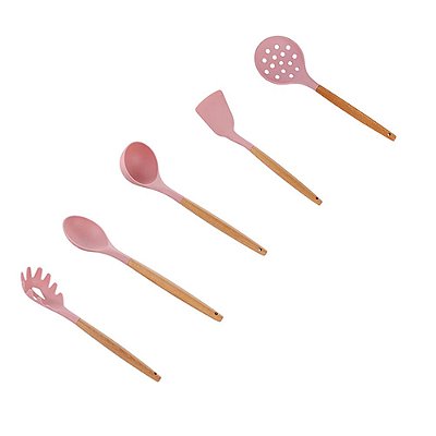 Kit Utensílios 5 Peças Rosa Com Cabo de Bambu Charm - Lyor