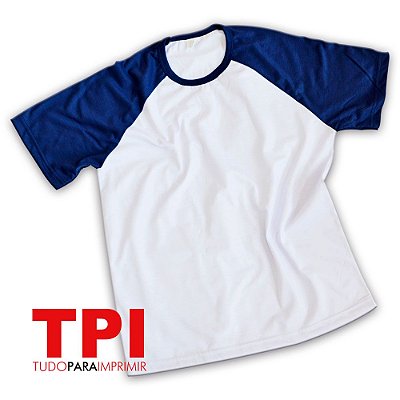 Camiseta Raglan Branca/Azul Marinho 100% Poliester