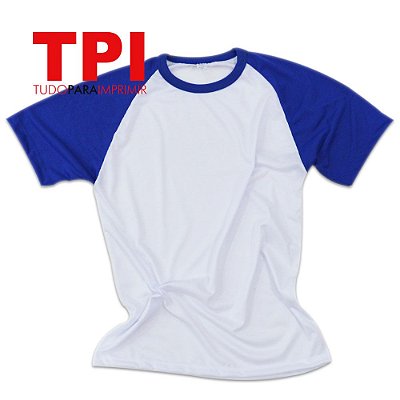 Camiseta Raglan Branca/Azul Royal 100% Poliéster