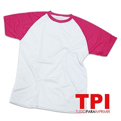 Camiseta Raglan Branca/Pink 100% Poliéster