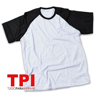 Camiseta Raglan Branca/Preta Adulto Poliéster
