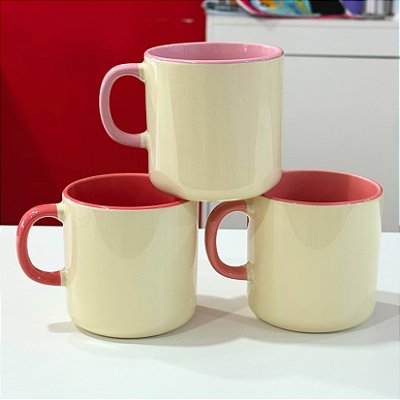 Caneca 380ml Trio Decor Alça Meia Lua - Rosa - LiveSub