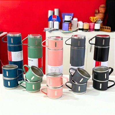 Kit Garrafa Térmica com 3 Xícaras – Aço Inox com Camada Dupla para Gravação a Laser