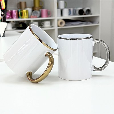 Caneca de Cerâmica 325 ml LiveSub – Alça e Borda Cromadas (Prata ou Dourada)