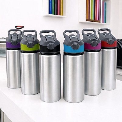 Garrafa de Alumínio Prata 600ml com Tampa Colorida - Jojo - Ref 2240