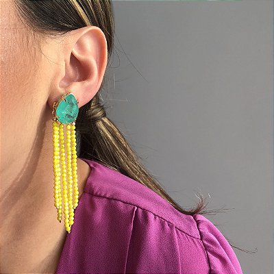 Brinco 2 em 1 Gota Turmalina Fusion e Franjas Facetadas Verde Lima Banhado a Ouro