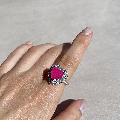Anel Coração Pink Regulável Banhado a Ródio Branco
