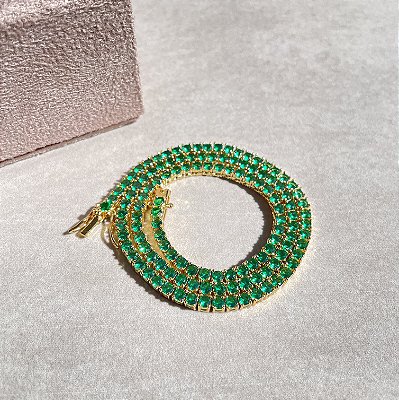 Colar Riviera Esmeralda 4 Garras Trama Rígida 3mm Banhado a Ouro - 40cm