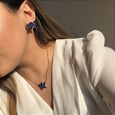 Conjunto Meia Flor Tanzanita Banhado a Ródio Branco