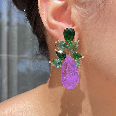 Brinco Luxo Ultraviolet Fusion Bicolor Turmalina e Esmeralda Banhado a Ouro