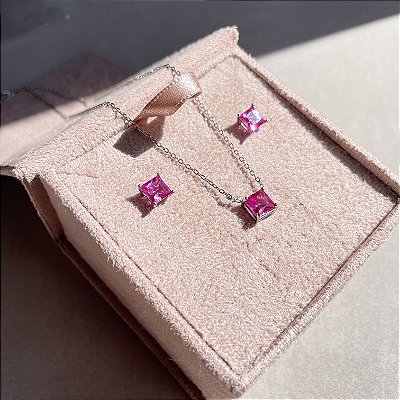 Conjunto Quadrado Tam. M Safira Rosa Banhado a Ródio Branco