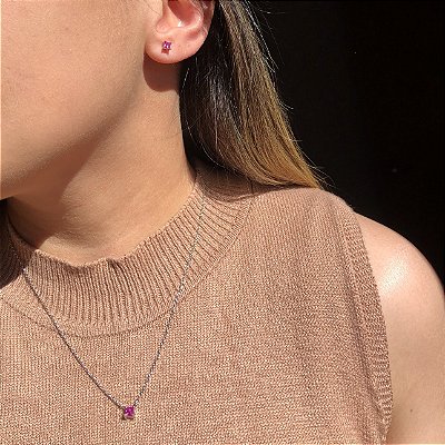 Conjunto Quadrado Tam. P Safira Rosa Banhado a Ródio Branco