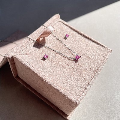 Conjunto Quadrado Tam. P Safira Rosa Banhado a Ródio Branco