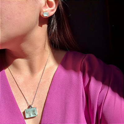 Conjunto Retângulo Azul Niagara Fusion Banhado a Ródio Branco