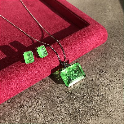 Conjunto Retângulo Quartzo Verde Neon Fusion Banhado a Ródio Branco