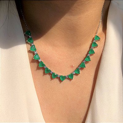 Colar Meia Riviera Heart Esmeralda Fusion Trama Rígida Banhado a Ródio Branco