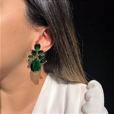 Brinco Luxo Esmeralda Banhado a Ouro