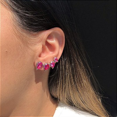 Brinco Ear Cuff Quatro Gotas Safira Rosa Banhado a Ródio Branco