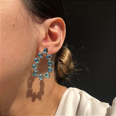 Brinco Gota Vazada Azul Banhado a Ouro
