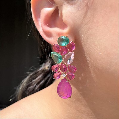Brinco Colorido e Pink Fusion Banhado a Ouro