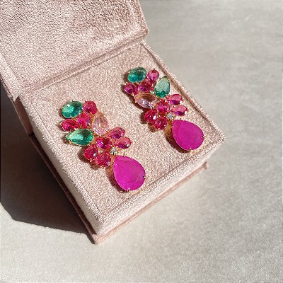 Brinco Colorido e Pink Fusion Banhado a Ouro
