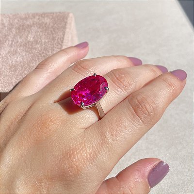 Anel Oval Safira Rosa Banhado a Ródio Branco - Aro Regulável