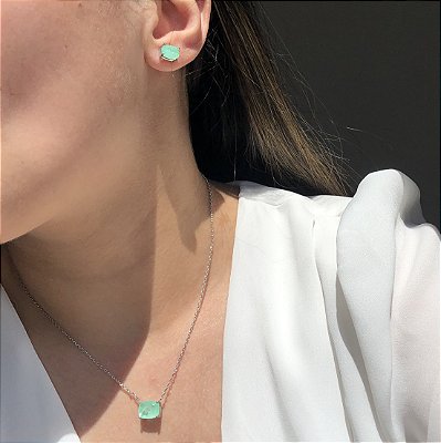 Conjunto Oval Greenery Fusion Banhado a Ródio Branco