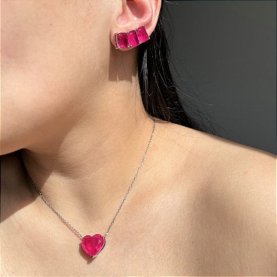 Conjunto Luxo Turmalina Rosa Fusion Banhado a Ródio Branco