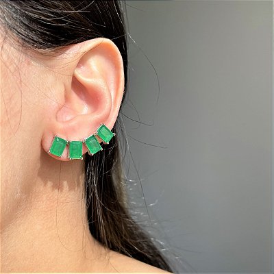 Brinco Ear Cuff Retângulos Esmeralda Fusion Banhado a Ródio Branco