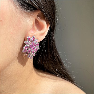 Brinco Leaf Luxo Safira Rosa Banhado a Ródio Branco