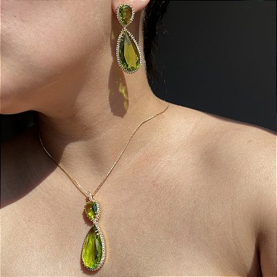 Conjunto Gota Peridoto Banhado a Ouro