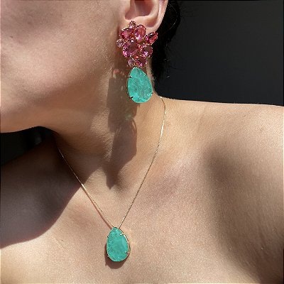 Conjunto Luxo Bicolor Safira Rosa/Turmalina Fusion Banhado a Ouro