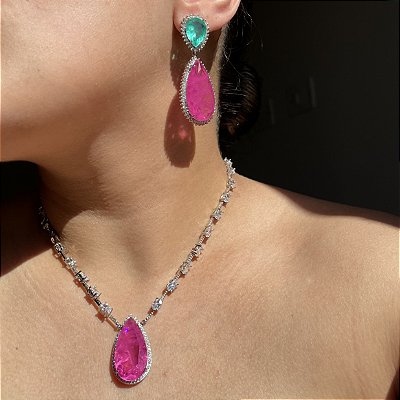 Conjunto Luxo Gota Bicolor Turmalina e Pink Fusion Banhado a Ródio Branco