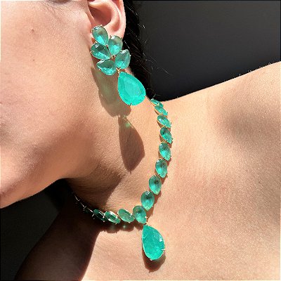 Conjunto Luxo Flor Turmalina Leitosa e Fusion Banhado a Ouro