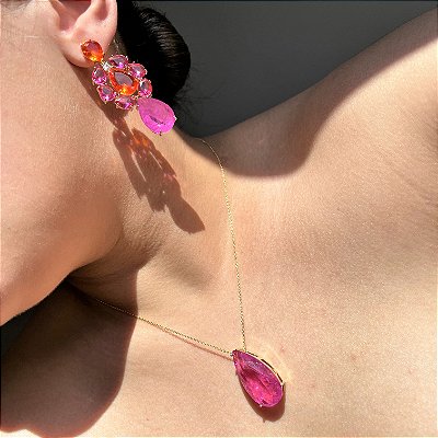 Conjunto Gota Bicolor Laranja e Pink Fusion Banhado a Ouro